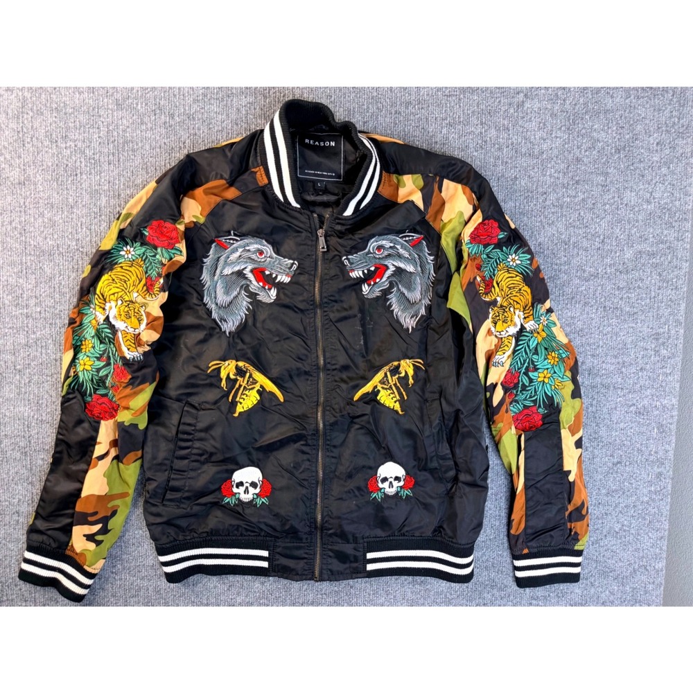Reason Mens Large Black Camo Bomber Jacket Embroidered Tiger Wolf Streetwear L